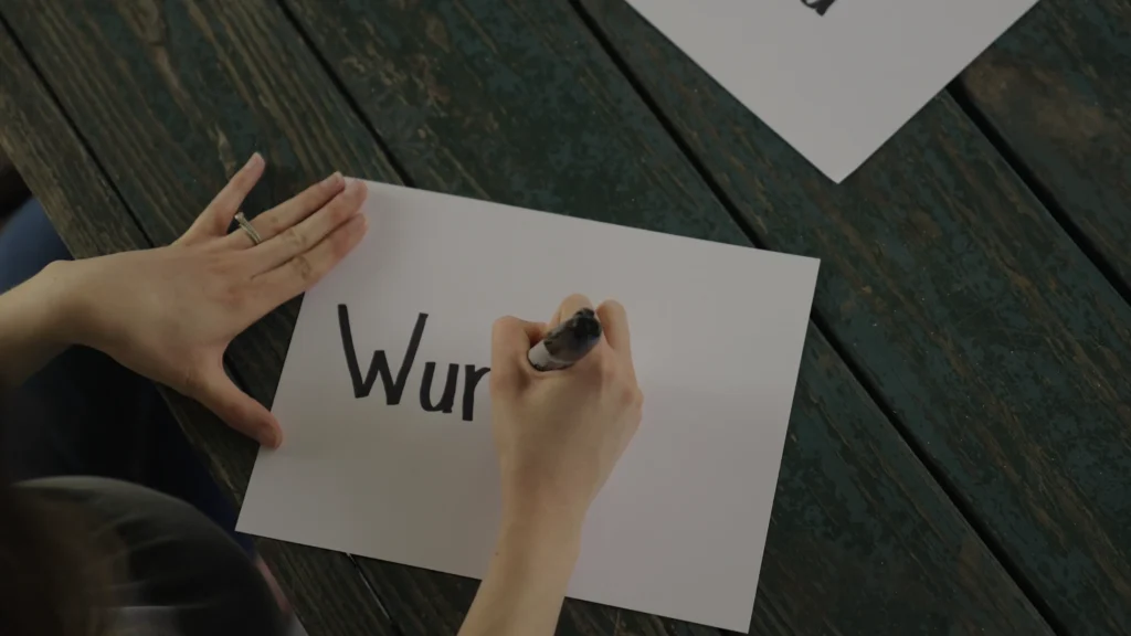 Person writing the word “Wurth” on paper during the planning of a church launch