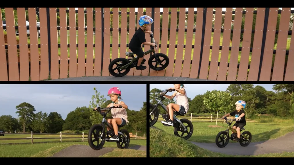 Children riding a Superbolt electric balance bike at a park during a lifestyle product video shoot